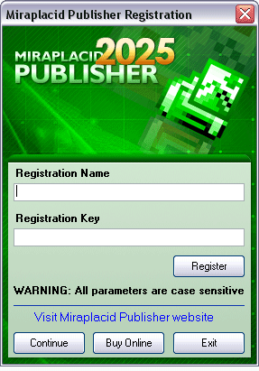 Miraplacid Publisher : Registration Dialog