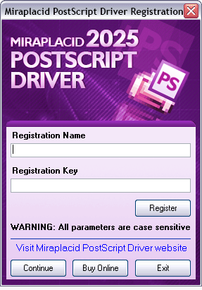 Miraplacid PostScript Driver : Registration Dialog