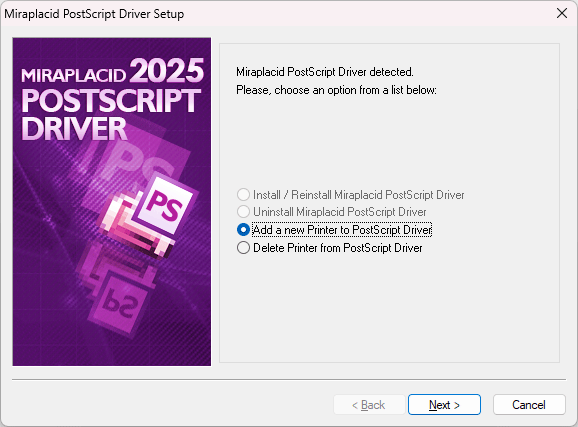 Miraplacid PostScript Driver : AddPrinter Step 1/2