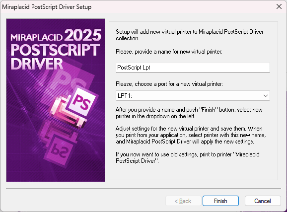 Miraplacid PostScript Driver : AddPrinter Step 2/2