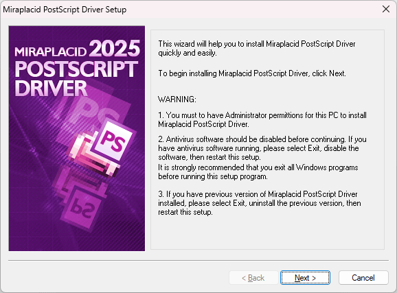 Miraplacid PostScript Driver : Installation Step 1/4