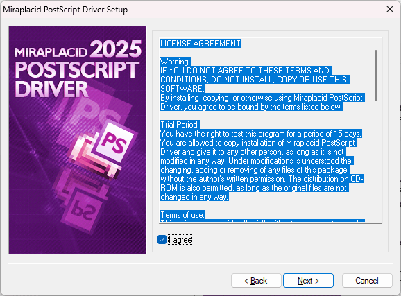Miraplacid PostScript Driver : Installation Step 2/4