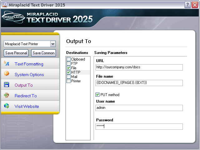 Miraplacid Text Driver Output To: HTTP