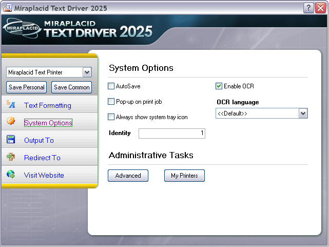 Miraplacid Text Driver System Settings