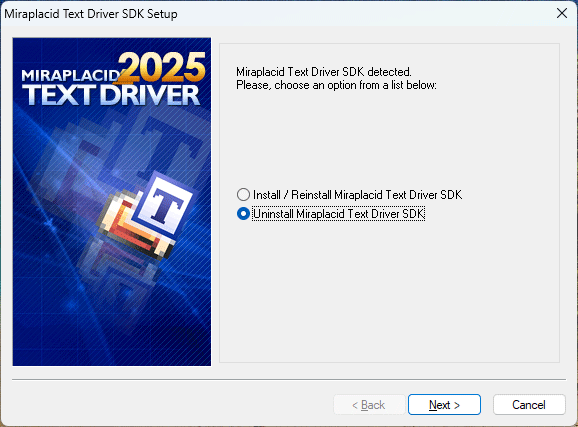 Miraplacid Text Driver : Uninstallation Step 1/2