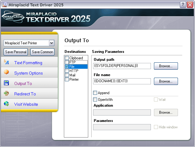 Miraplacid Text Driver Output To: File