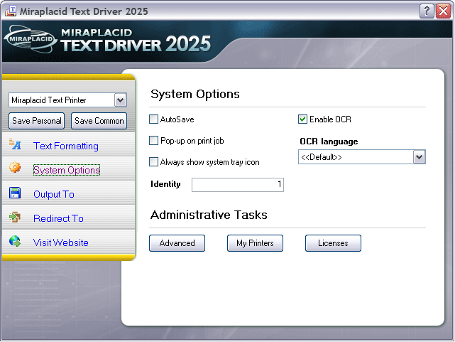 Miraplacid Text Driver System Settings